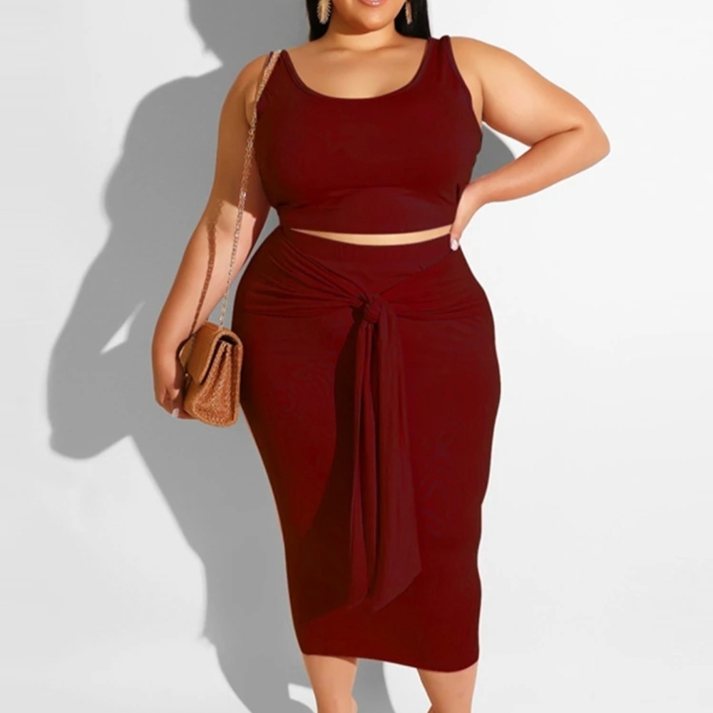 New 2pc Burgundy Plus Size Midi Skirt